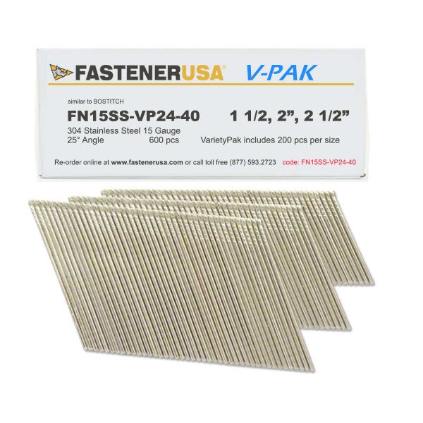 11/2" to 21/2" ANGLE FINISH NAILS 15GA 304SS 600ct FN15SSVP2440